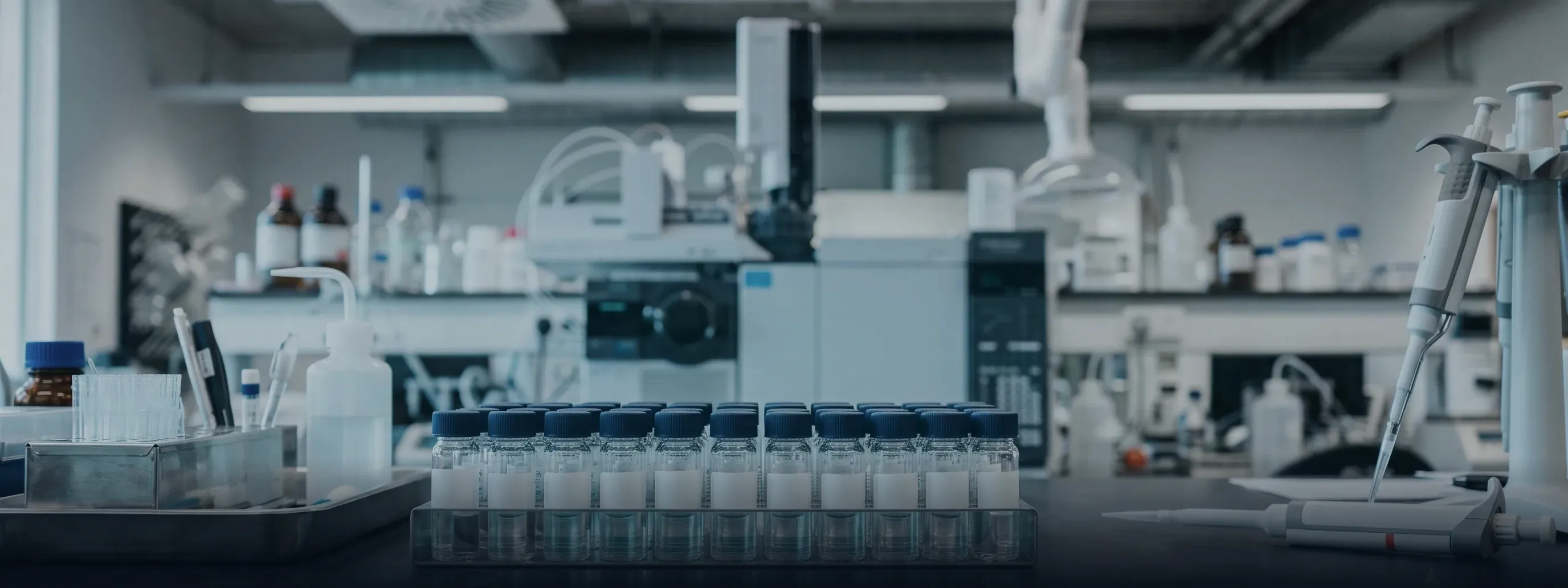 A laboratory bench with sealed glass vials, a pipette, and analytical instruments
