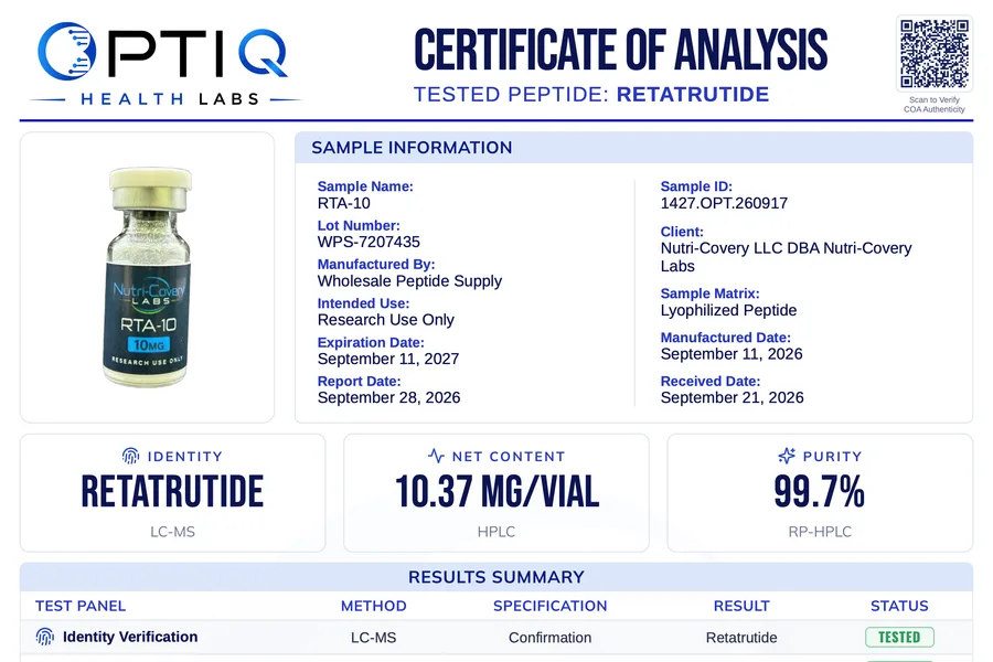 Optiq Health Labs Certificate of Analysis for RTA-10 (Retatrutide 10mg), lot WPS-7207435