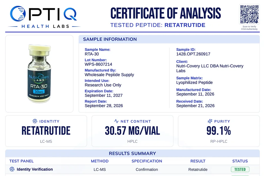 Optiq Health Labs Certificate of Analysis for RTA-30 (Retatrutide 30mg), lot WPS-8607214
