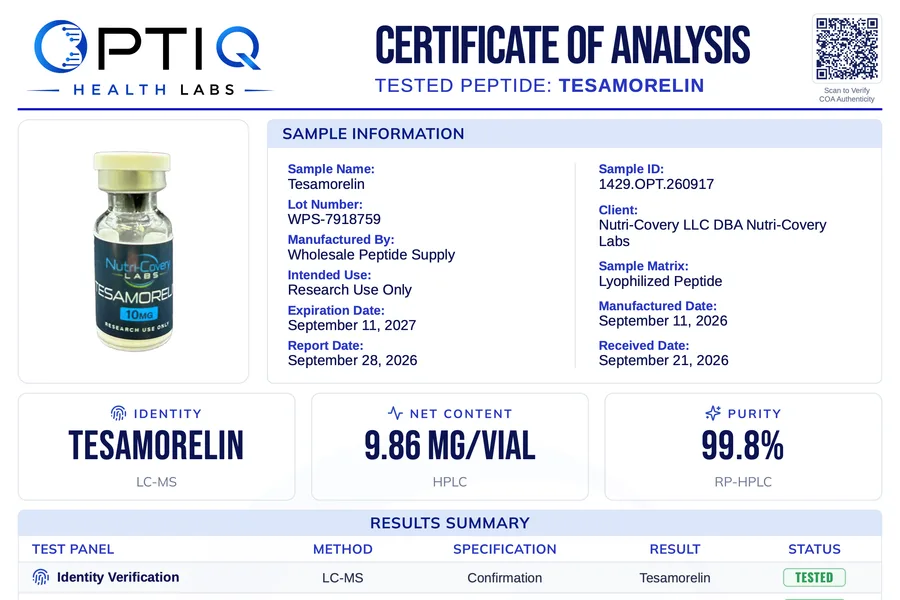 Optiq Health Labs Certificate of Analysis for Tesamorelin 10mg, lot WPS-7918759